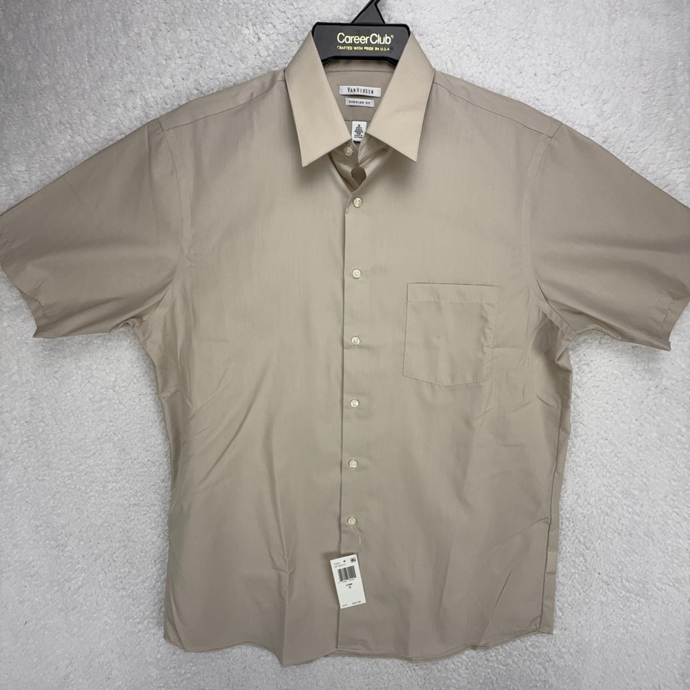 Van Heusen‎ Mens Regular Fit Short Sleeve Wrinkle Free Dress Shirt Stone 16 NEW